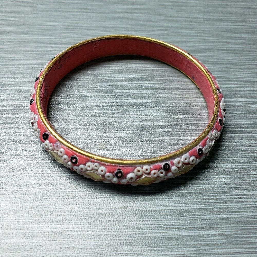 Vintage Signed‎ India Mosaic Glass Bead Bangle Bracelet Pink Gold-tone